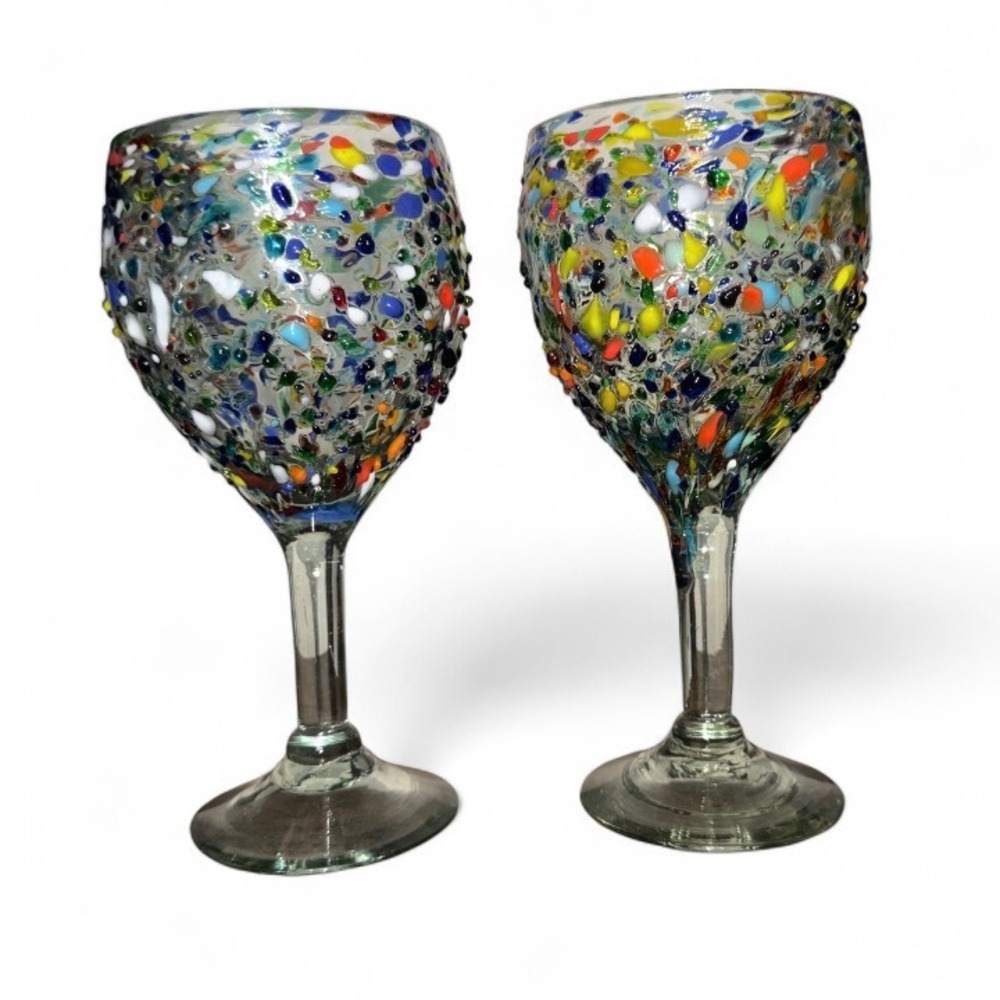 Vintage Mexican‎ Confetti Wine Glasses Multi Color Speckled Unique Design